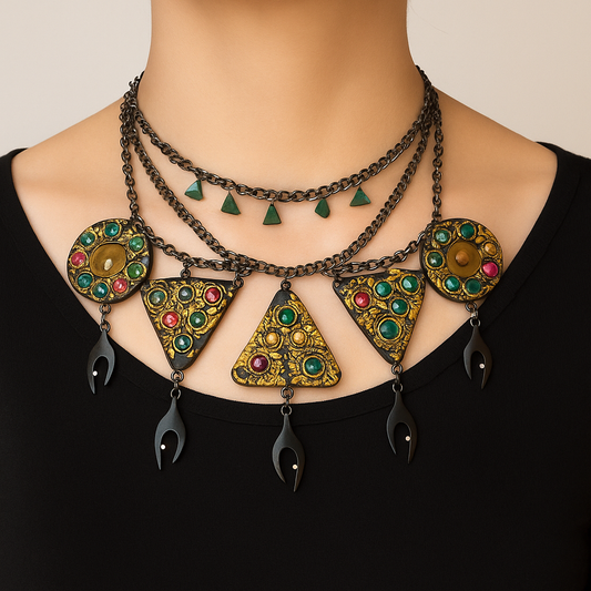 Metallic Gold and Black Art Nouveau Necklace with Green Jade