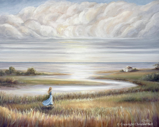 "In Her Own World" ORIGINAL Coastal Landscape Oil Painting, Ocean Seascape Figurative, 30x24"