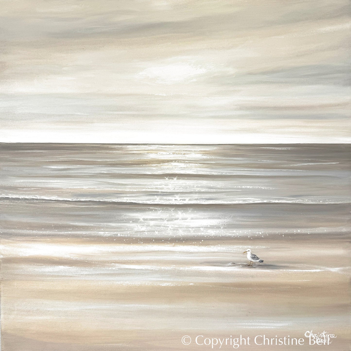 "Solo Reflections" ORIGINAL, Coastal Ocean Seascape Neutral Oil Painting, Seagull Bird, 30x30"