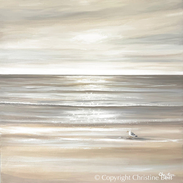 "Solo Reflections" ORIGINAL, Coastal Ocean Seascape Neutral Oil Painting, Seagull Bird, 30x30"