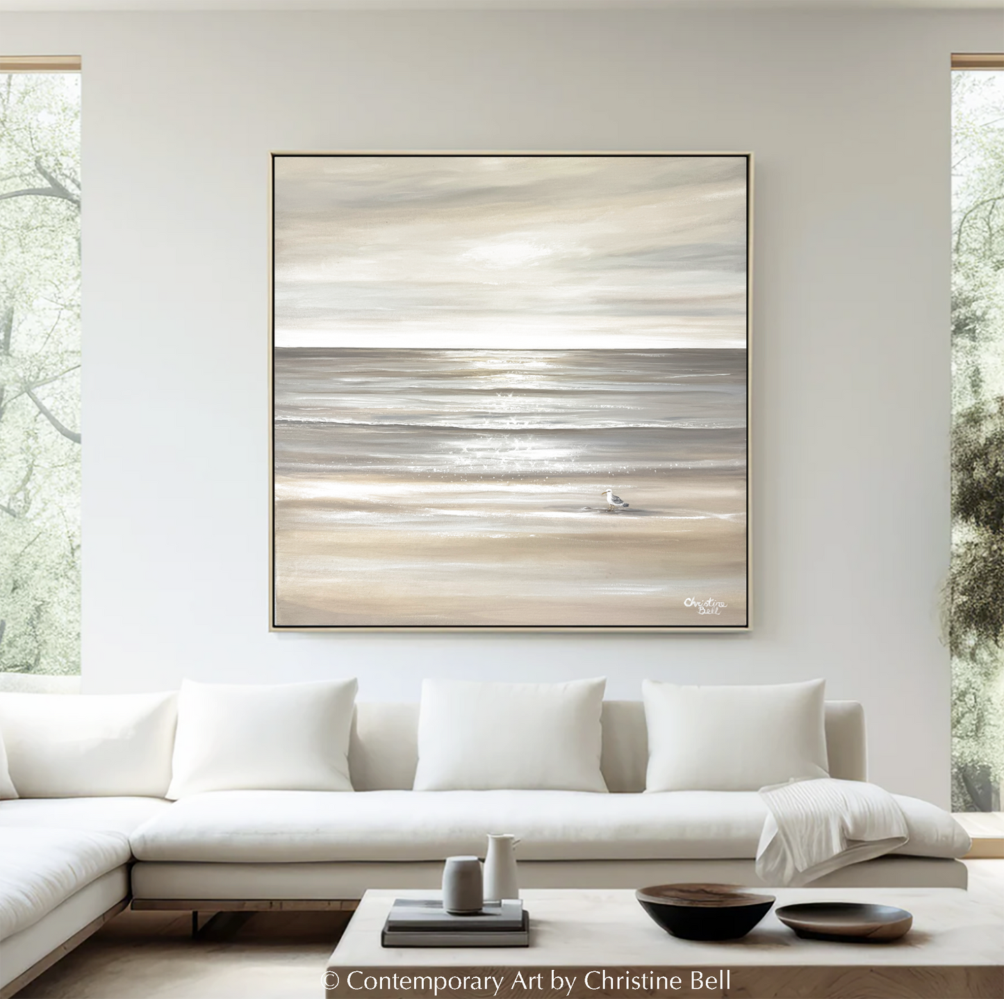 "Solo Reflections" ORIGINAL, Coastal Ocean Seascape Neutral Oil Painting, Seagull Bird, 30x30"