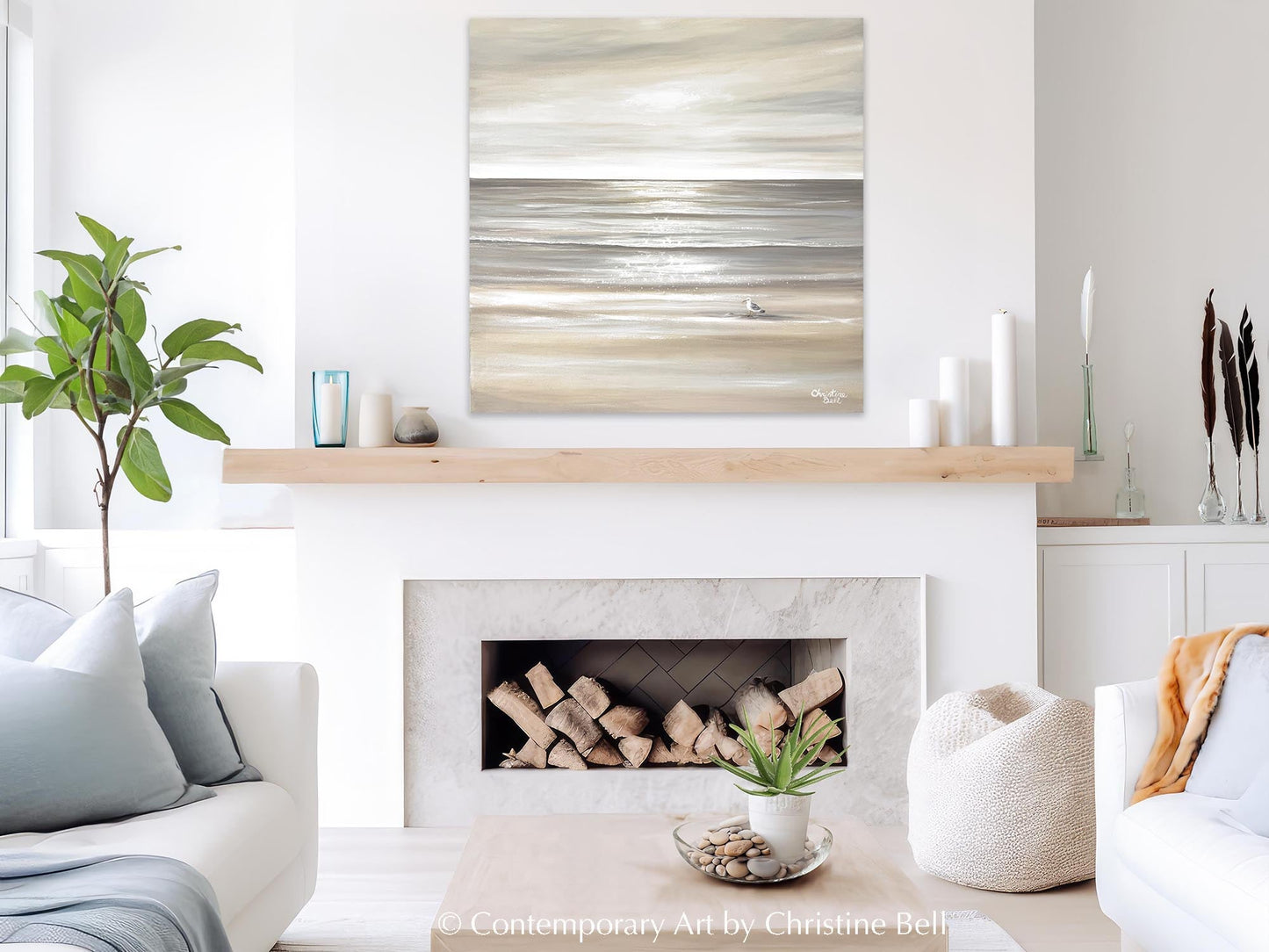 "Solo Reflections" ORIGINAL, Coastal Ocean Seascape Neutral Oil Painting, Seagull Bird, 30x30"