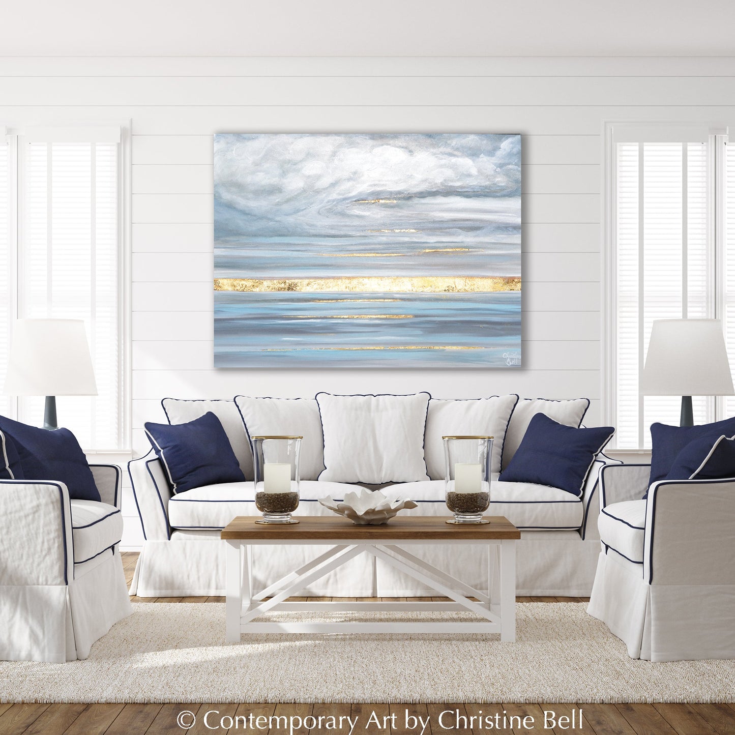 "Daybreak's Enchantment" Giclée Print, Modern Coastal Seascape, Clouds, Gold Leaf