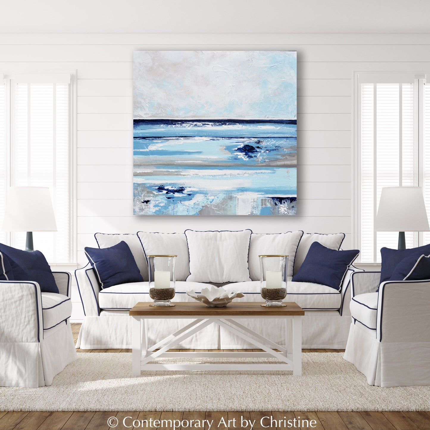 "Exhale" GICLÉE PRINT Abstract Painting Navy Light Blue White Beige Grey Coastal Seascape Canvas Wall Art