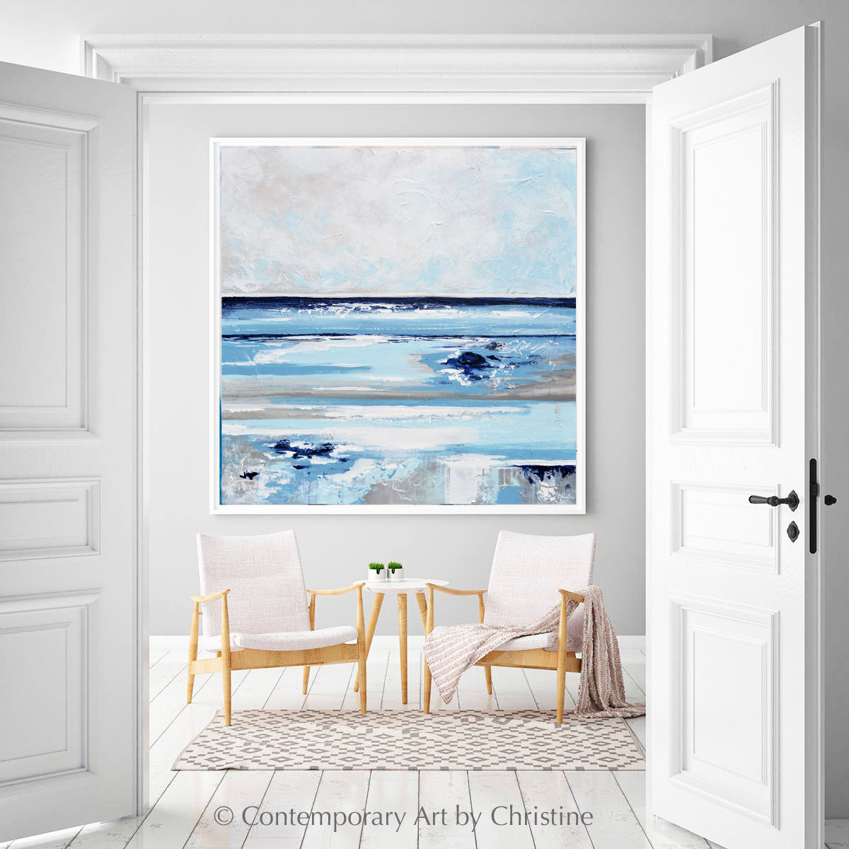 "Exhale" GICLÉE PRINT Abstract Painting Navy Light Blue White Beige Grey Coastal Seascape Canvas Wall Art