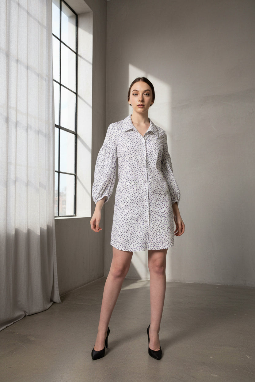 Shirt Dress with Oversized Sleeves in White Floral – Summer Dress