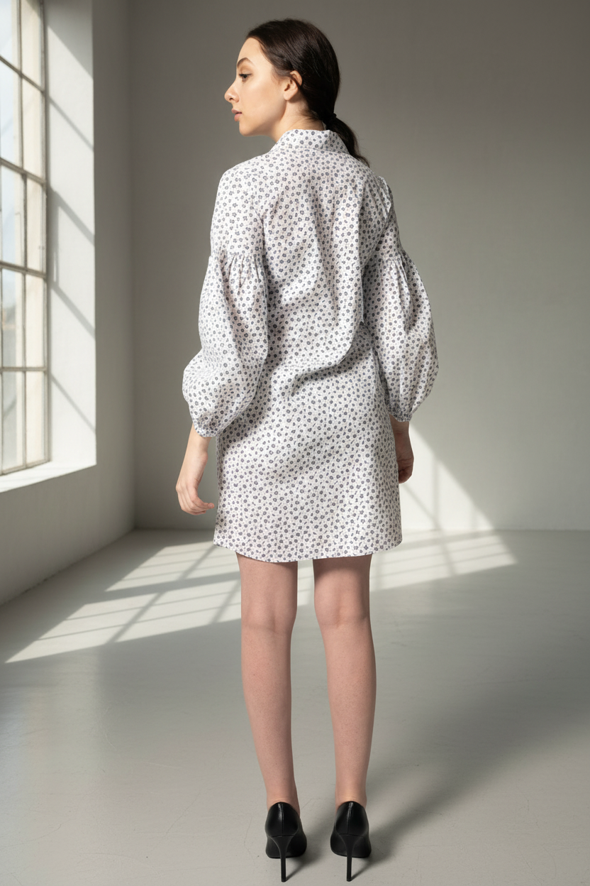 Shirt Dress with Oversized Sleeves in White Floral – Summer Dress