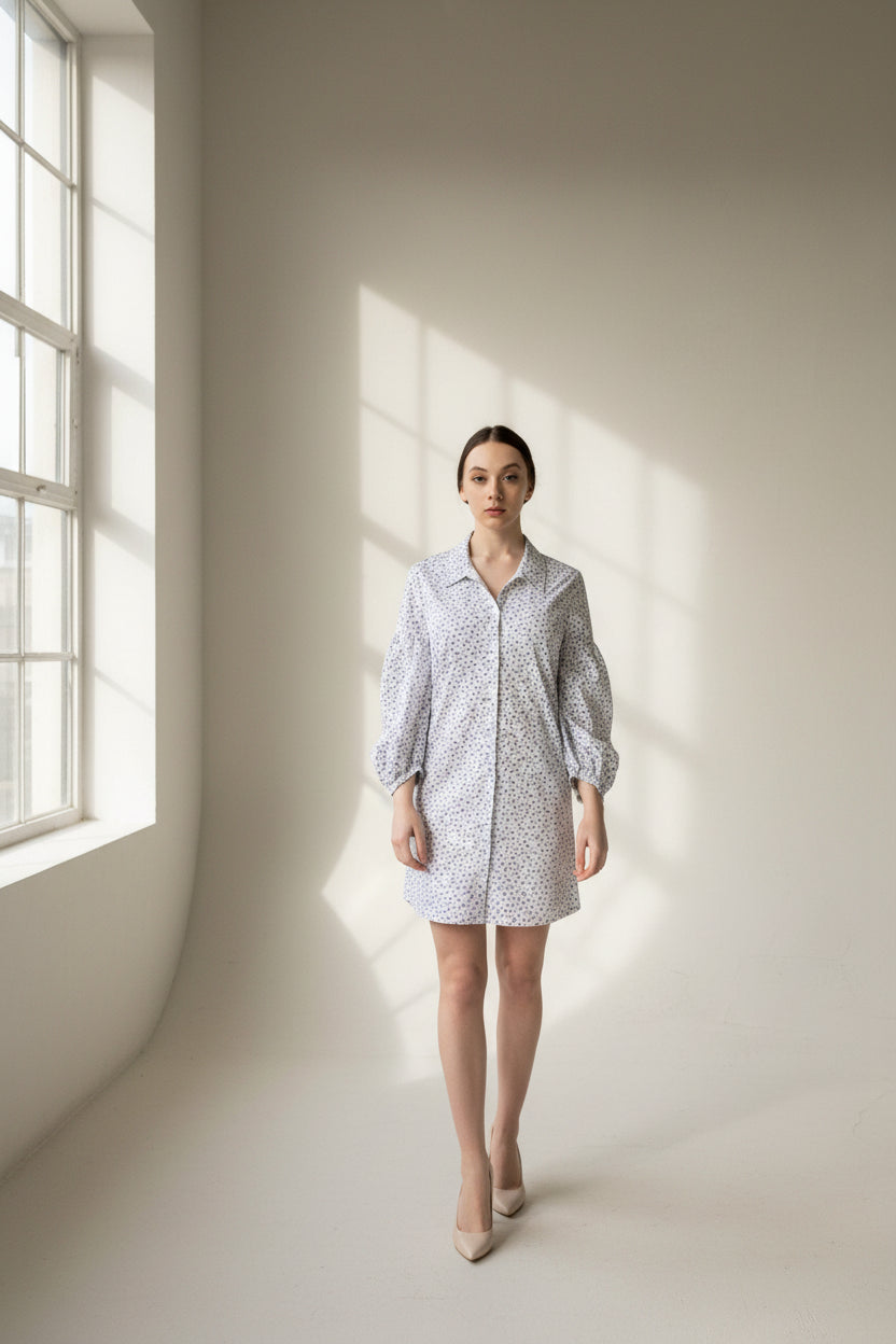 Shirt Dress with Oversized Sleeves in White Floral – Summer Dress