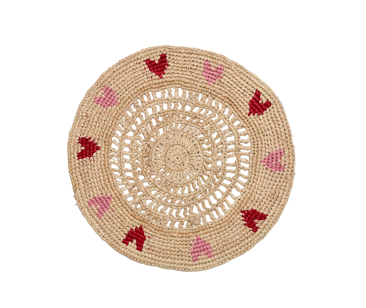 Handwoven Heart Raffia Placemat – Artisan Table Décor with Red & Pink Hearts