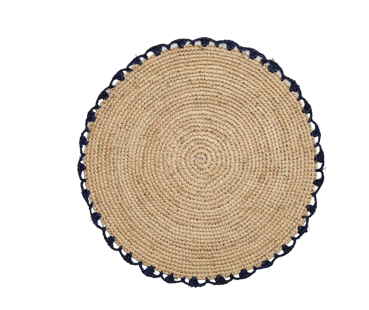 Handwoven Aura Blue Edge Placemat - Rustic Woven Raffia Tabletop Decor