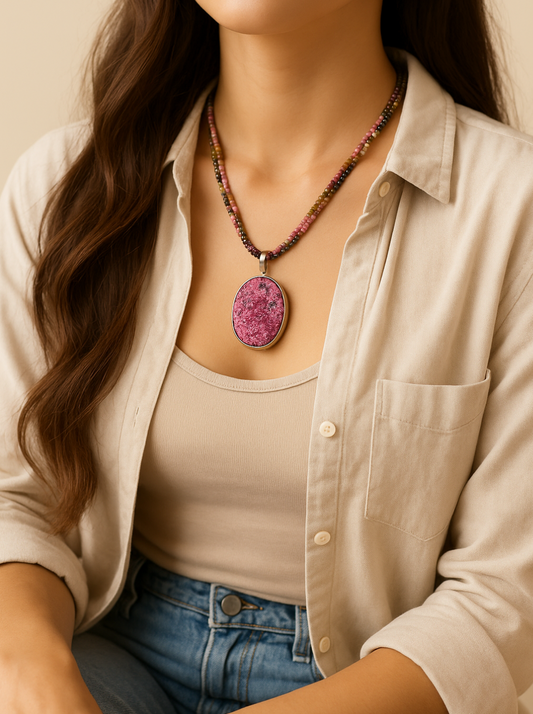 Pink Cobaltoan Calcite Druzy Pendant with Tourmaline Double Beaded Strand- Large Cobaltoan Calcite in Sterling Silver
