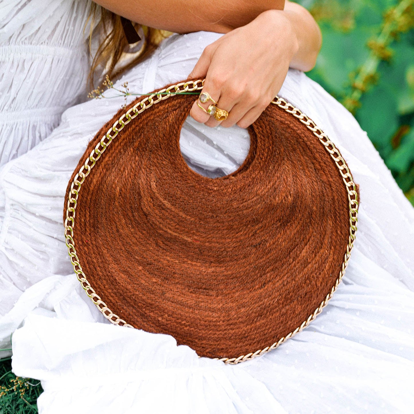 The Solo Espresso Mini Jute Bag With Gold Chain