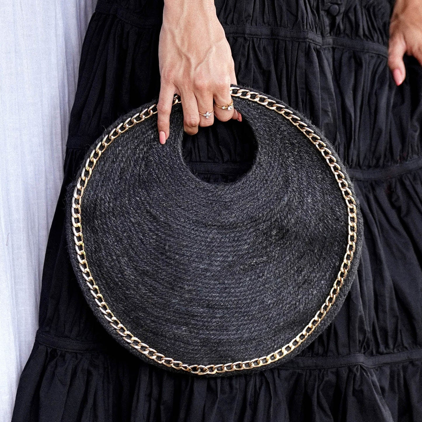 The Solo Fig Mini Black Jute Bag With Gold Chain