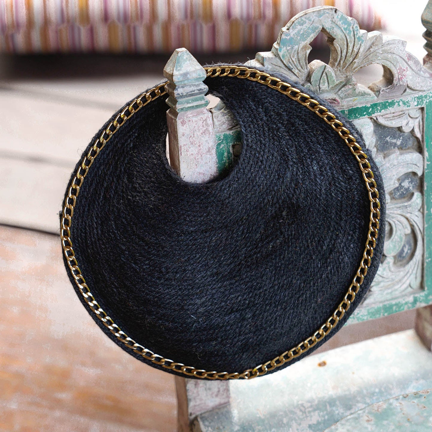 The Solo Fig Mini Black Jute Bag With Gold Chain