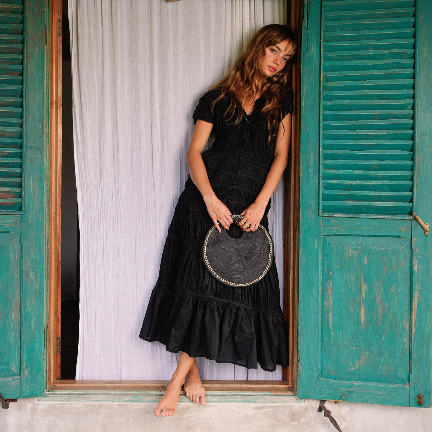 The Solo Fig Mini Black Jute Bag With Gold Chain