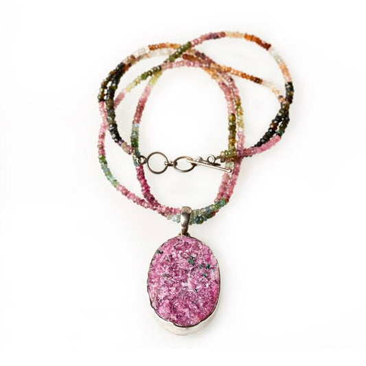 Pink Cobaltoan Calcite Druzy Pendant with Tourmaline Double Beaded Strand- Large Cobaltoan Calcite in Sterling Silver