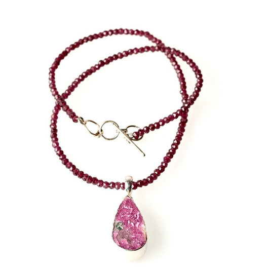 Cobaltoan Calcite Druzy Pendant in Sterling Silver on GARNET Beaded Strand- Natural Pink Mineral Gemstone Teardrop Shape Necklace