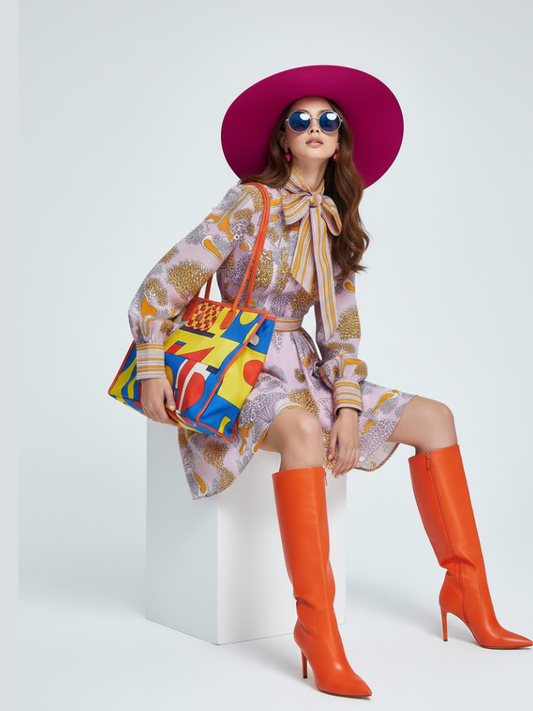 Vintage Print Mini Dress with Bowknot Collar and Colorblock For Women, Chelsea, BYMANYC New York.