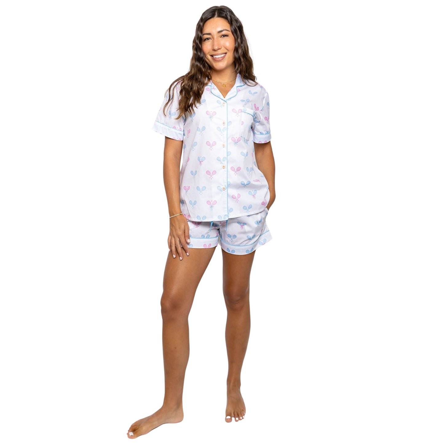 Women's Tennis Bows Short PJ Set - Blue Pink Organic Cotton Poplin