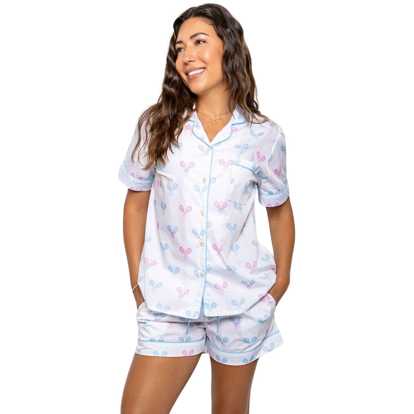 Women's Tennis Bows Short PJ Set - Blue Pink Organic Cotton Poplin