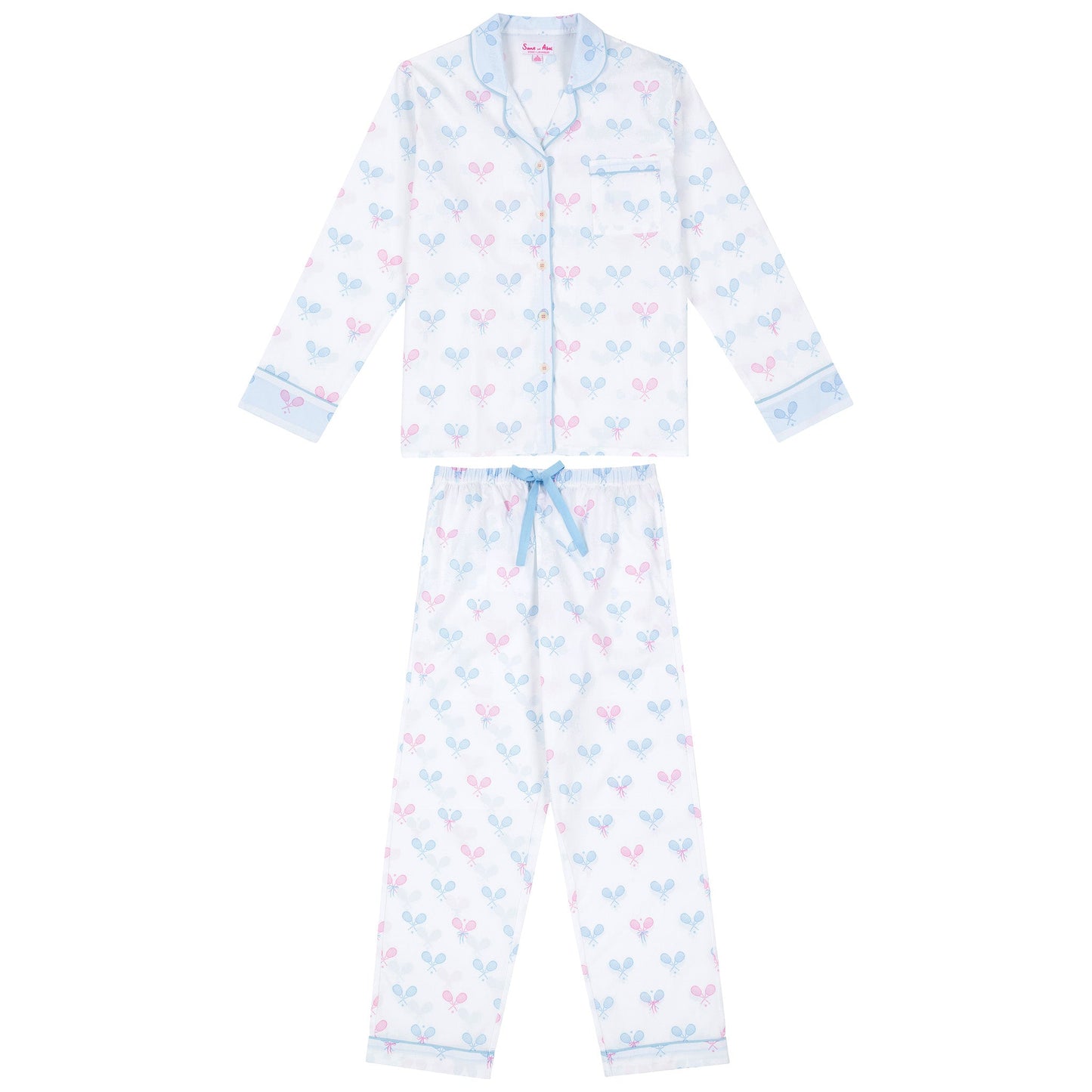 Women's Tennis Bows Long PJ Set - Blue Pink Organic Cotton Poplin