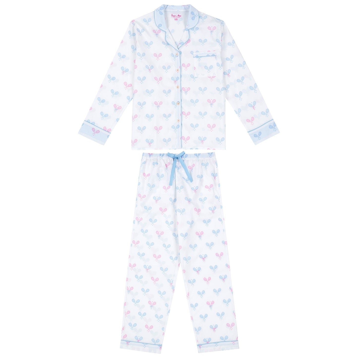 Women's Tennis Bows Long PJ Set - Blue Pink Organic Cotton Poplin