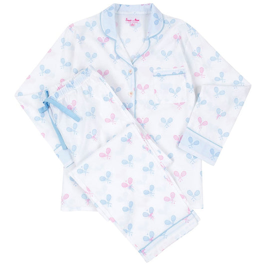 Women's Tennis Bows Long PJ Set - Blue Pink Organic Cotton Poplin