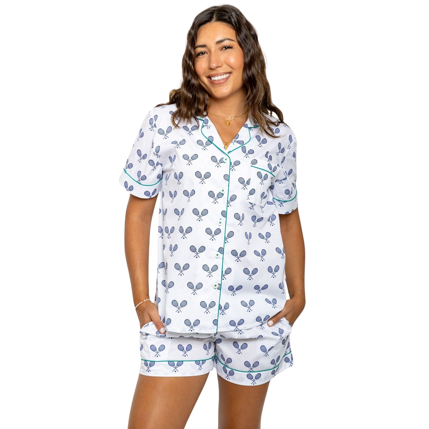 Women's Tennis Navy Short PJ Set - Organic Cotton Poplin