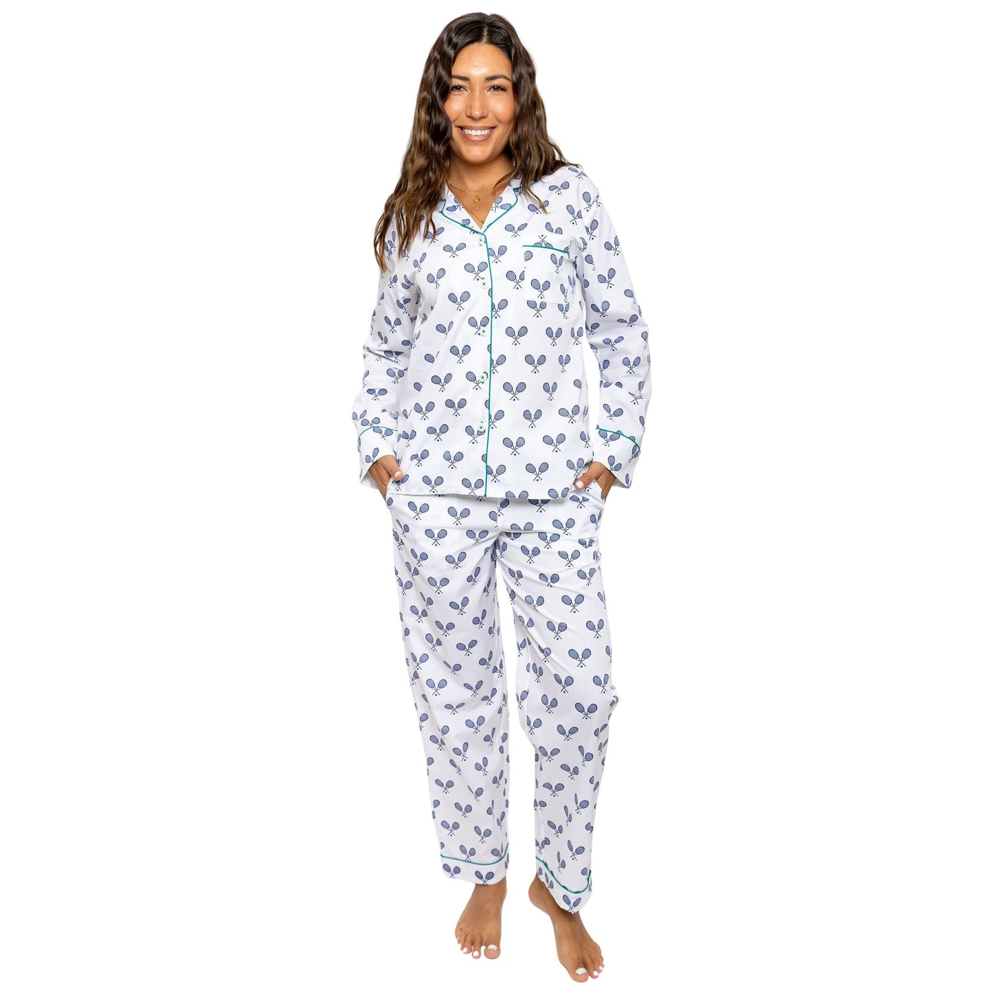Women's Tennis Navy Long PJ Set - Organic Cotton Poplin