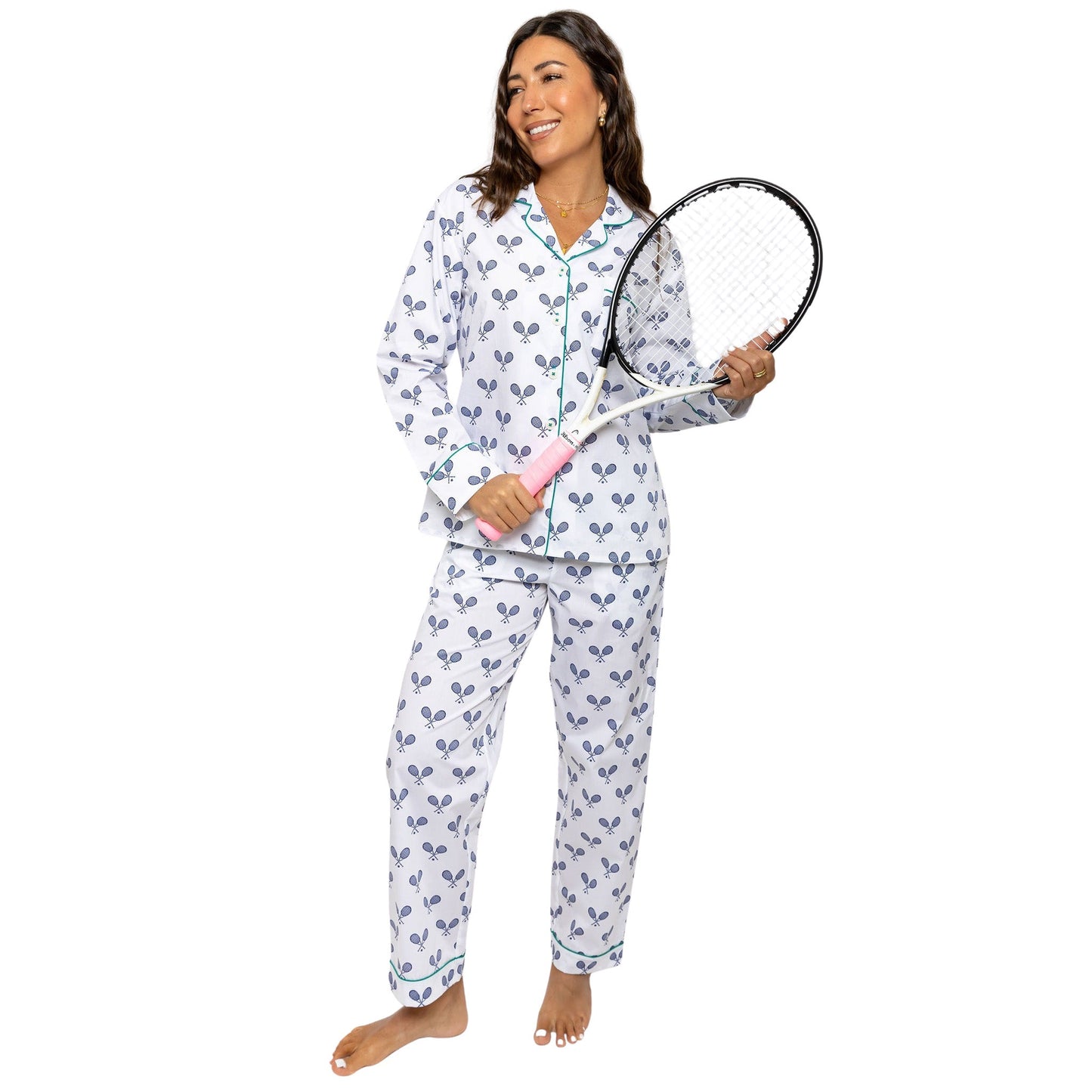 Women's Tennis Navy Long PJ Set - Organic Cotton Poplin