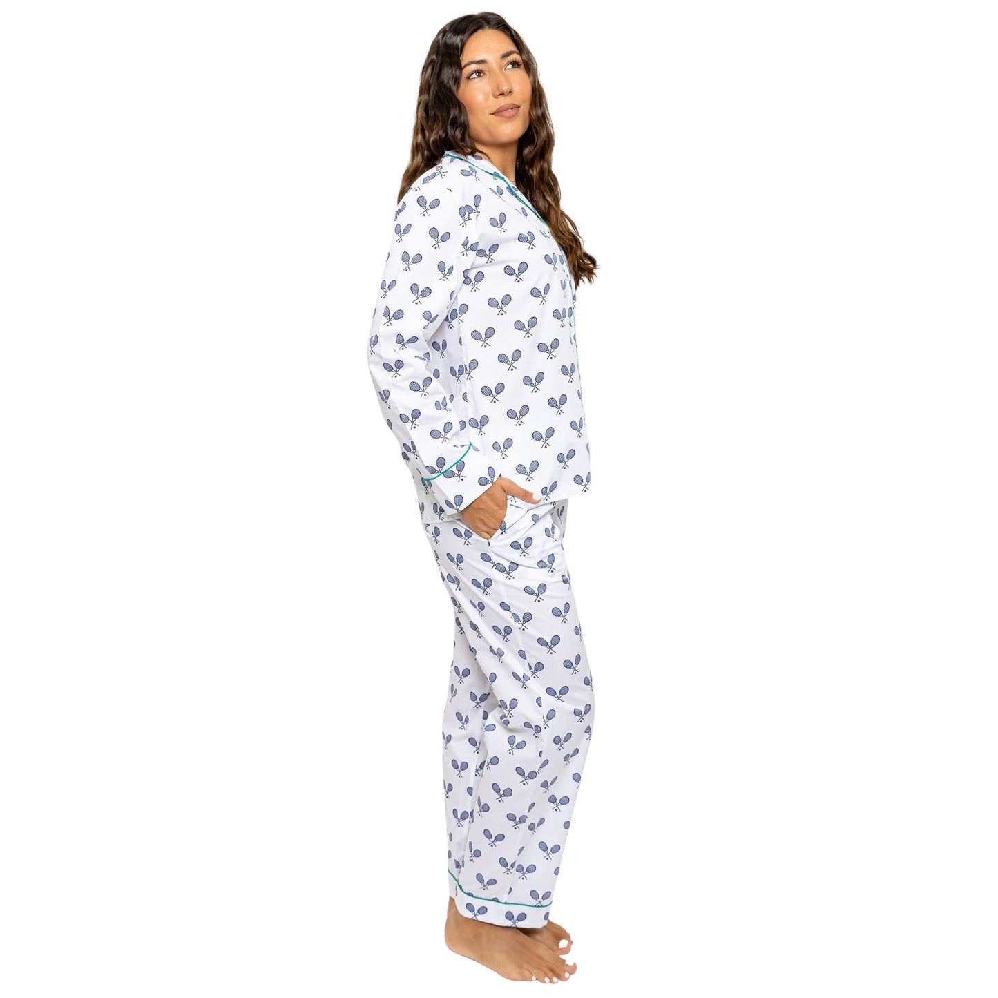 Women's Tennis Navy Long PJ Set - Organic Cotton Poplin