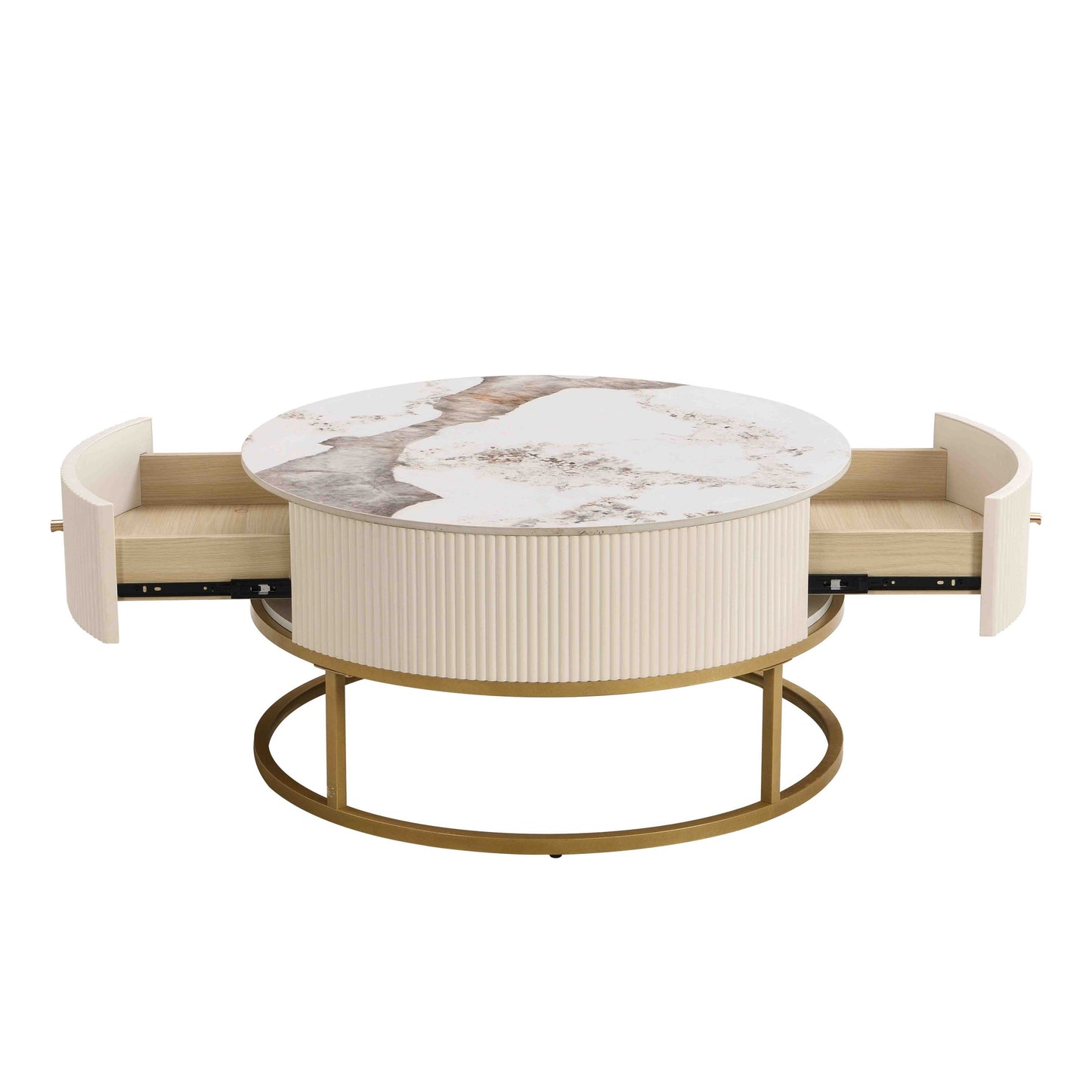 31.5 Inch Modern Round Coffee Table with Drawers, Marble Table with Storage, Coffee Table for Living Room