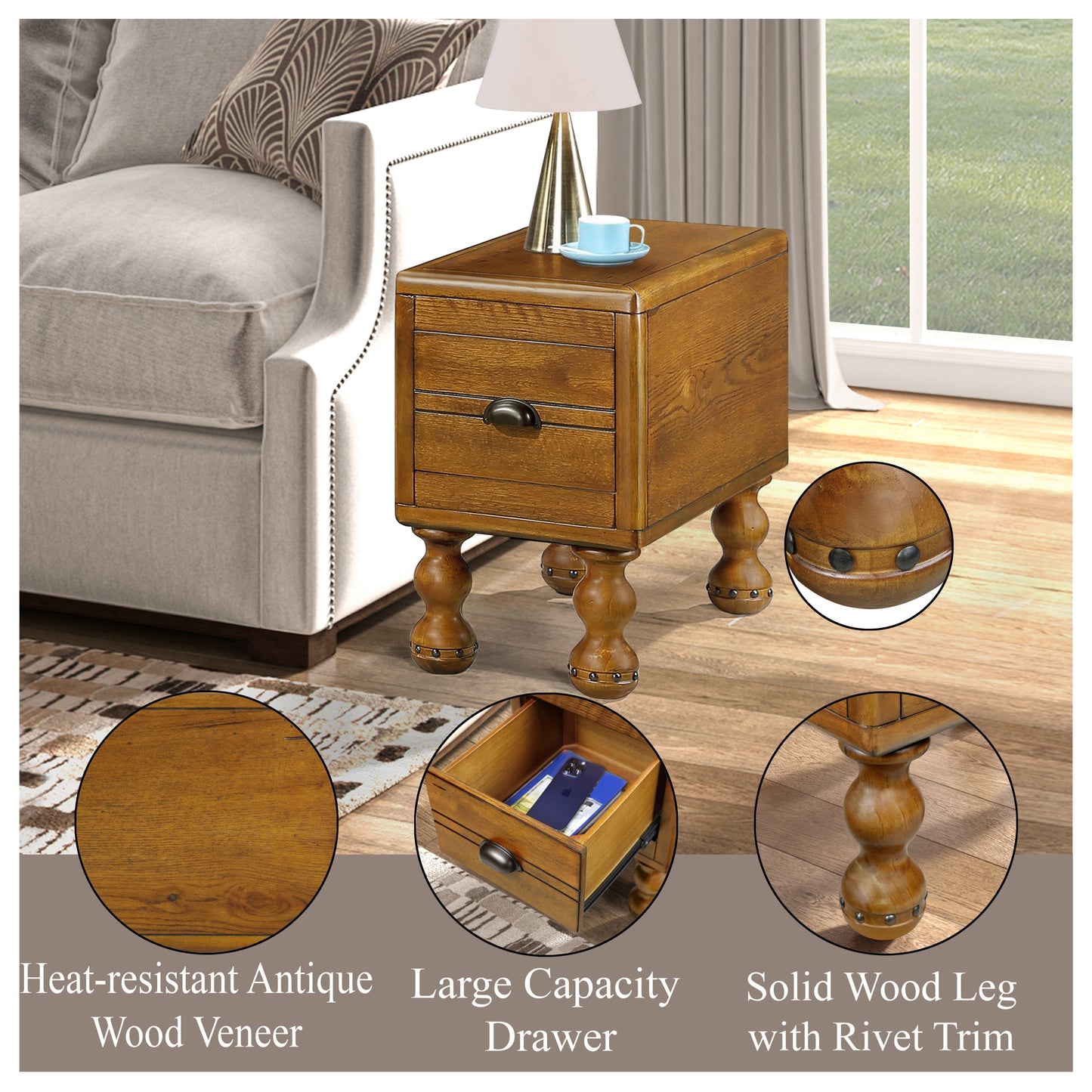 Rectangle Living Room Coffee Table Set,  3-Piece Solid Wood Living Room Table Set, 1 Coffee Table and 2 End Table, Wood Center Tea Table Set with Rivet Decoration Legs.Easy Assembly,  Antique Brown