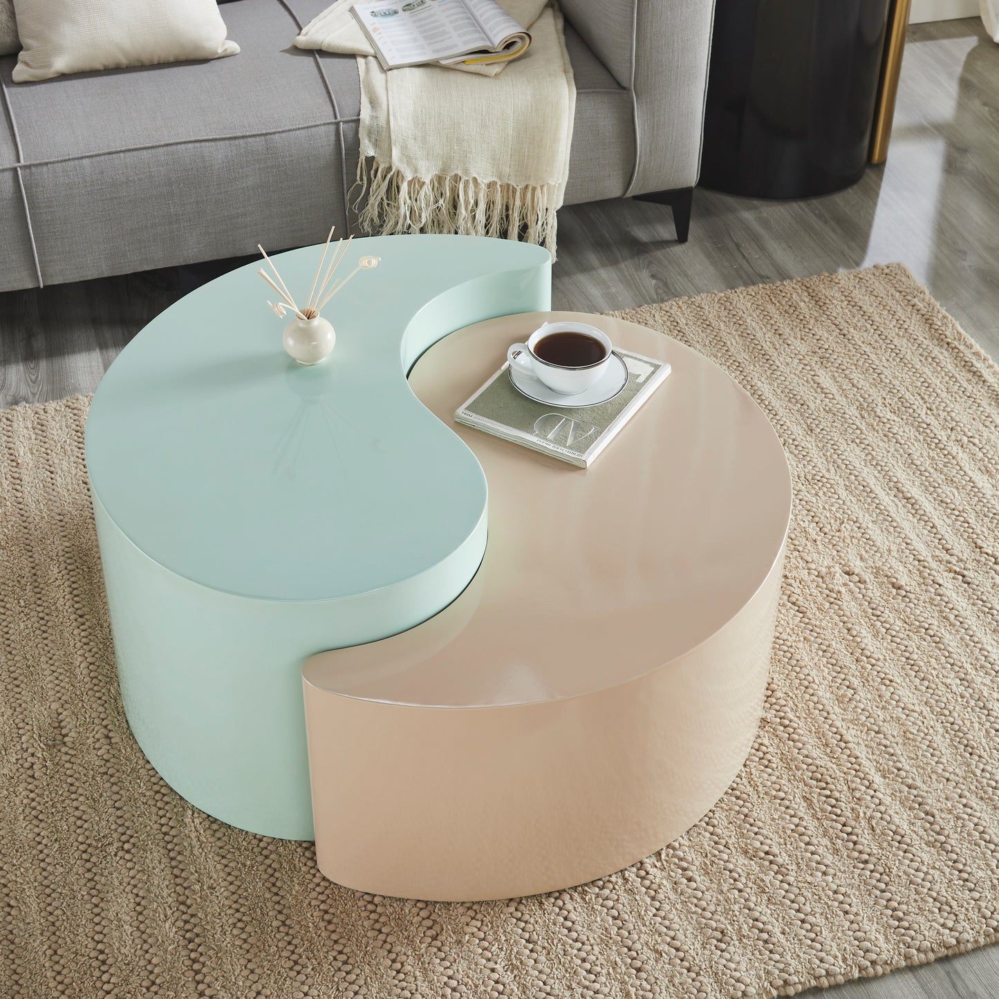 Modern & Contemporary Style Coffee Table Made with Iron Sheet Frame in Mint & Taupe