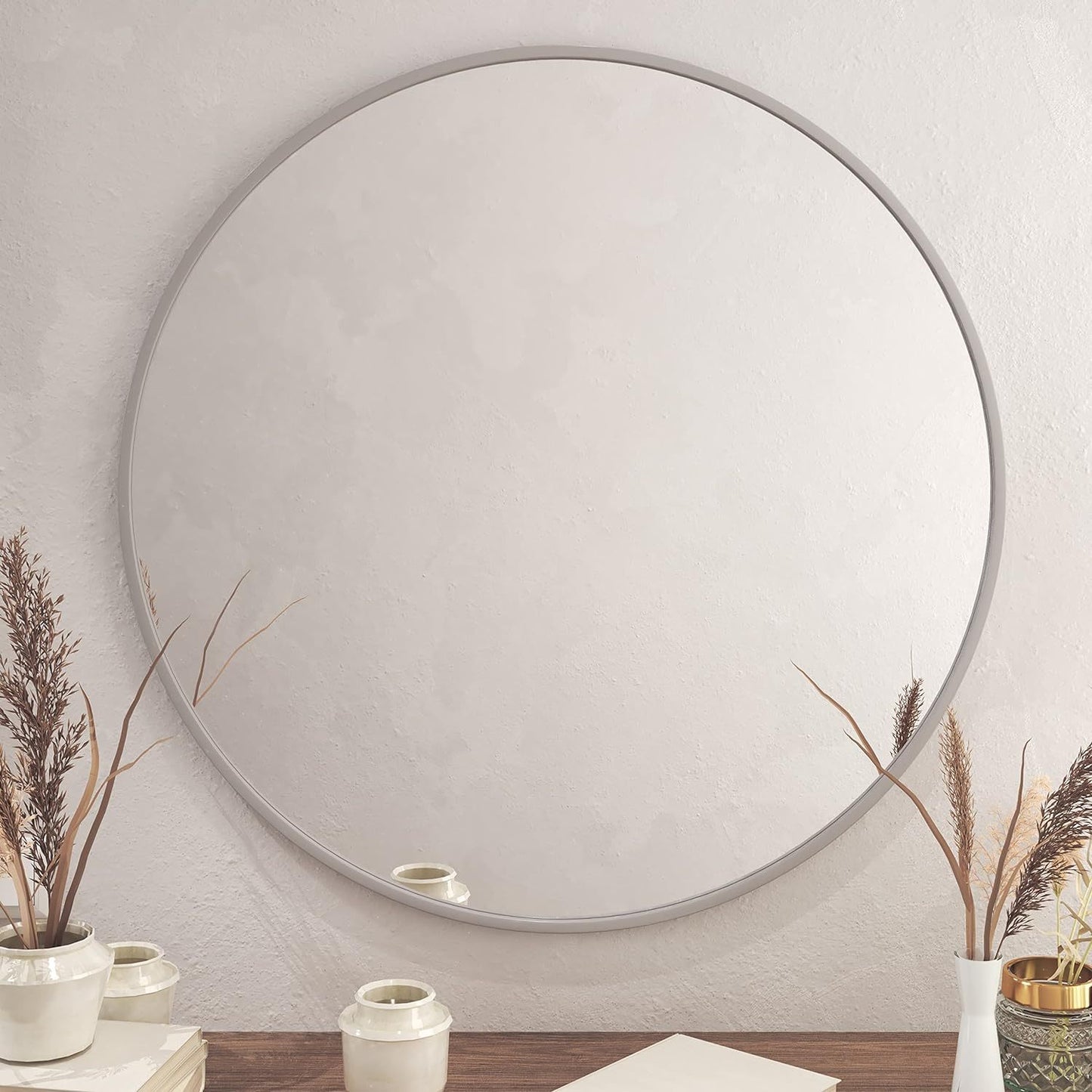 Silver 42 Inch Metal Round Bathroom Mirror