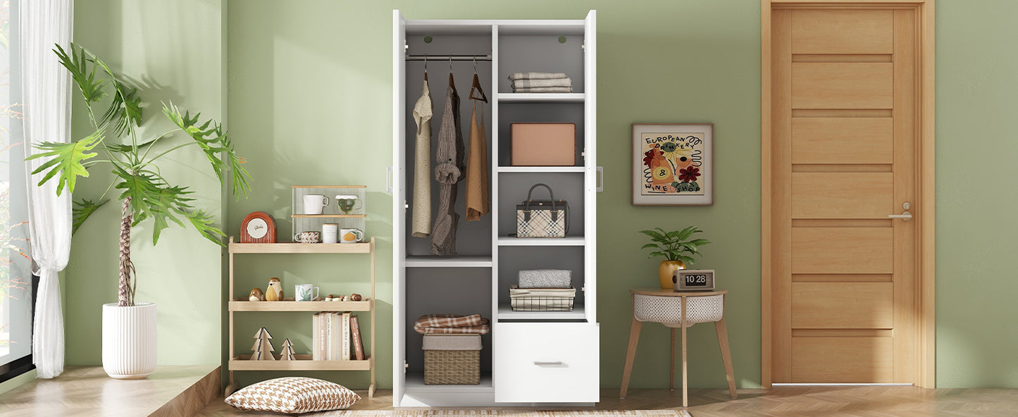 Wooden Wardrobe with Double Doors, Armoire with Hanging Rod, 5 Fixed Shelves, One Storage Drawer,White