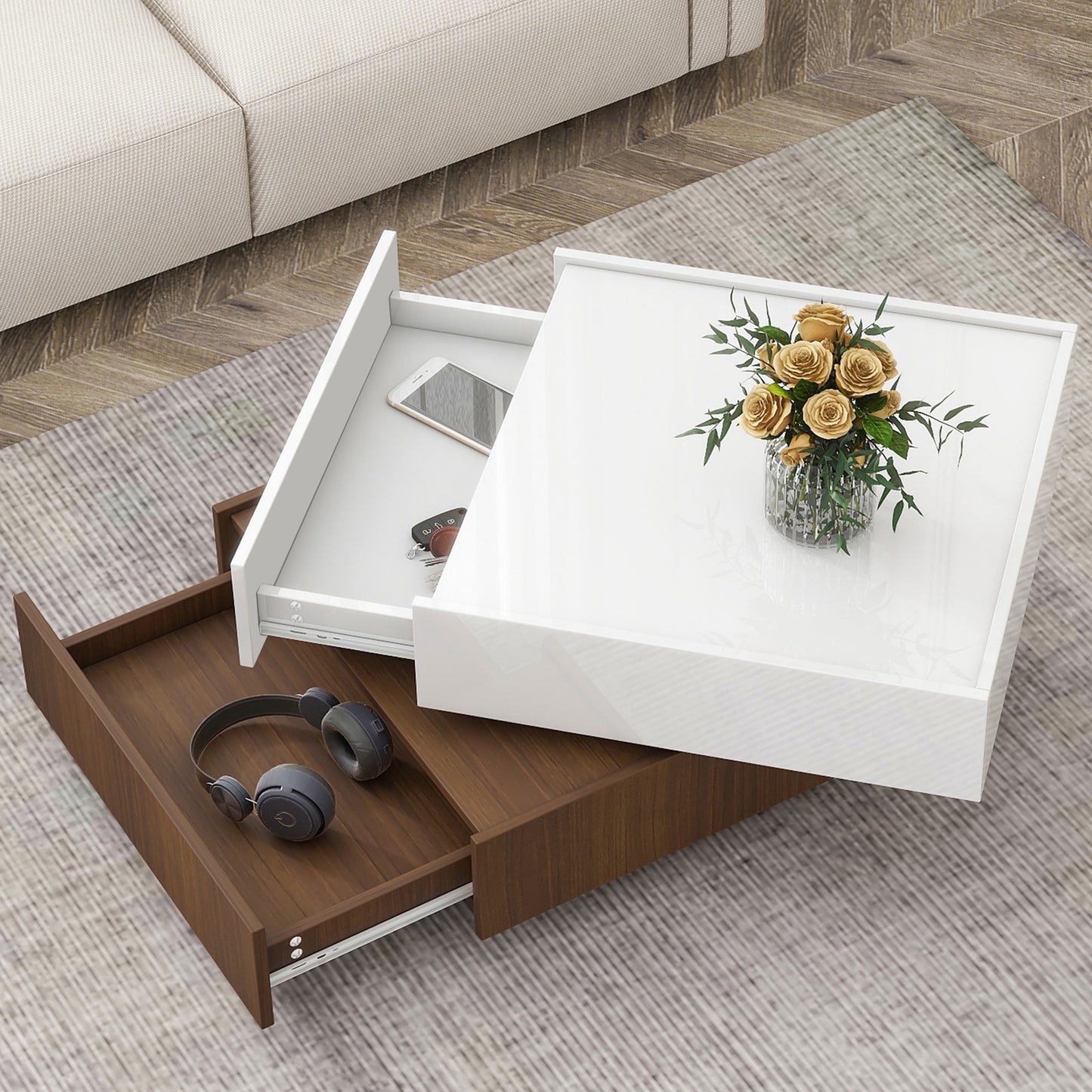 ON-TREND Square 360°Rotating Coffee Table with 2 Drawers, High Gloss 2-Tier Center Table with Swivel Tabletop and Storage, Walnut Table Frame Side Table for Living Room, White