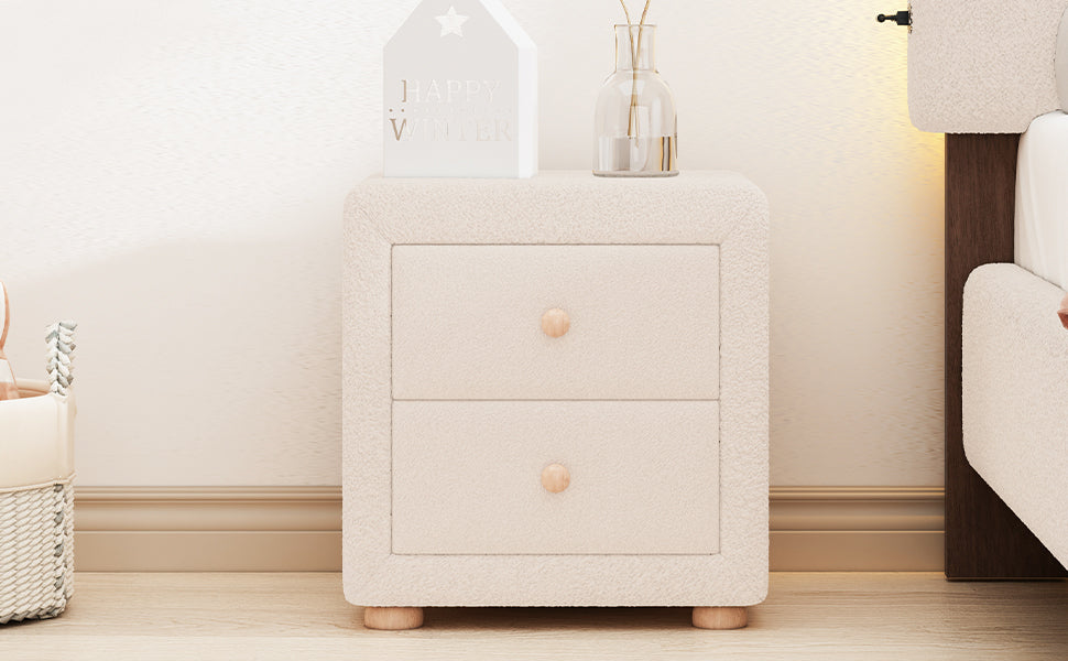 Teddy Fleece Nightstand with 2 Drawers, Beige