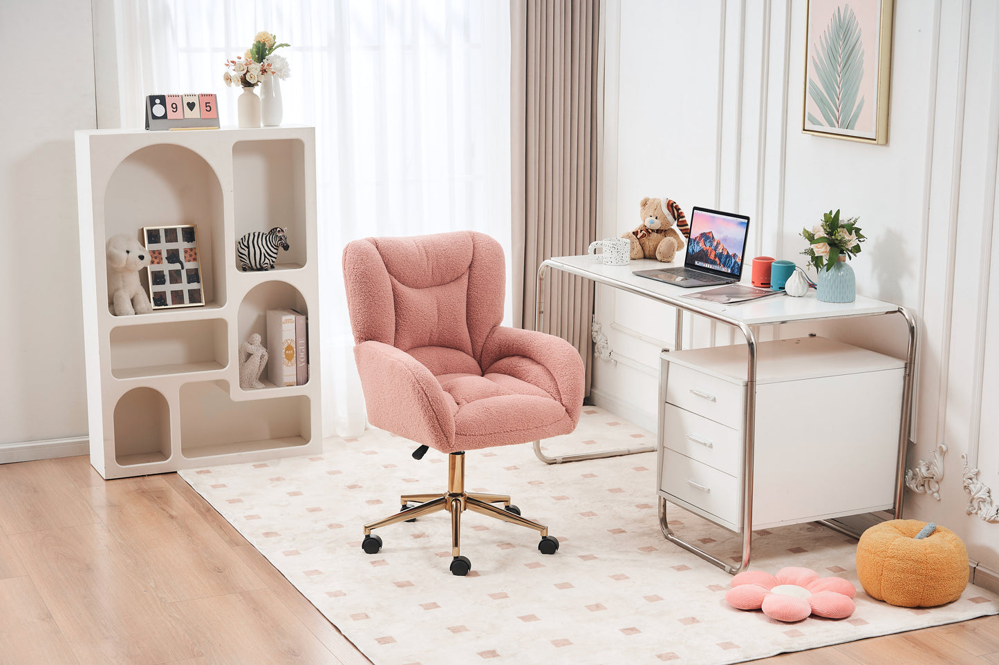 005-Teddy Fabric 360 Swivel Home Office Chair With Gold Metal Base And Universal Wheels,Pink