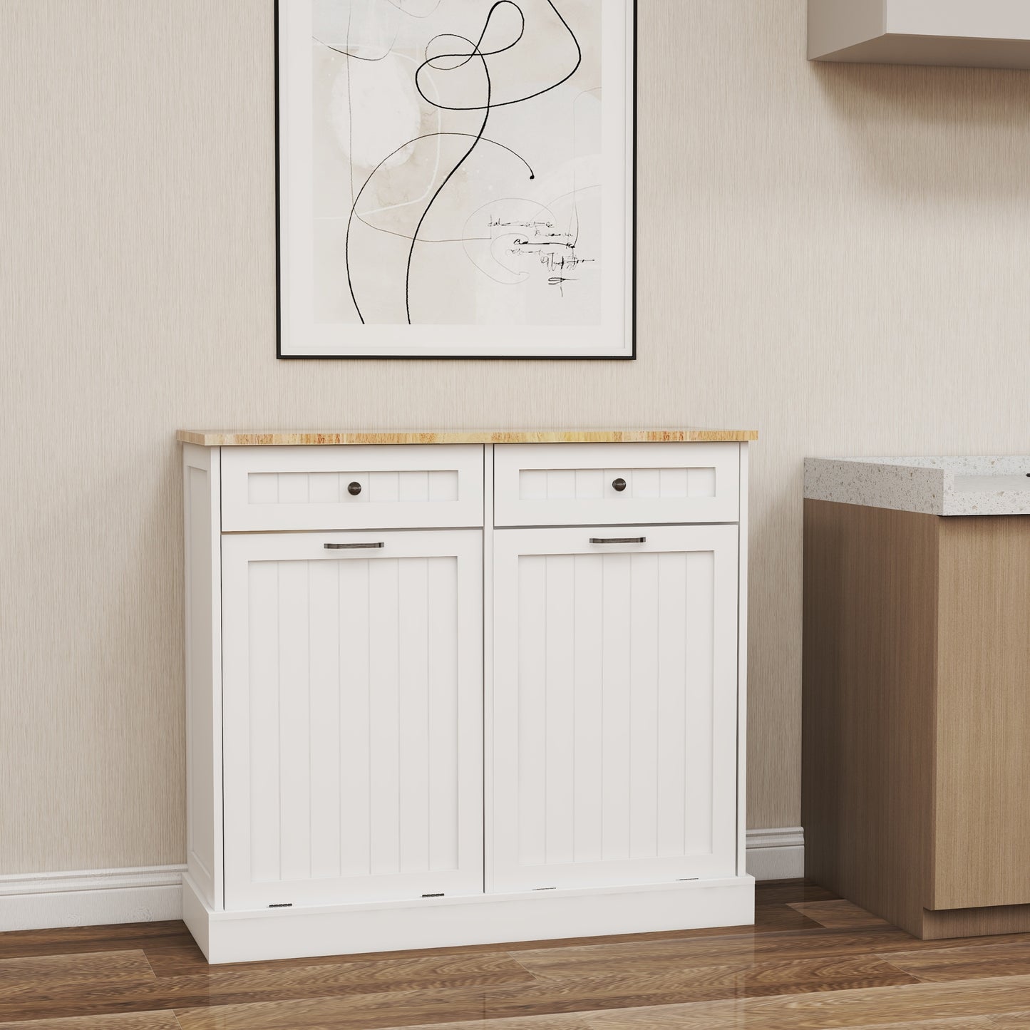 Two Drawers and Two-Compartment Tilt-Out Trash Cabinet Kitchen Trash Cabinet-White