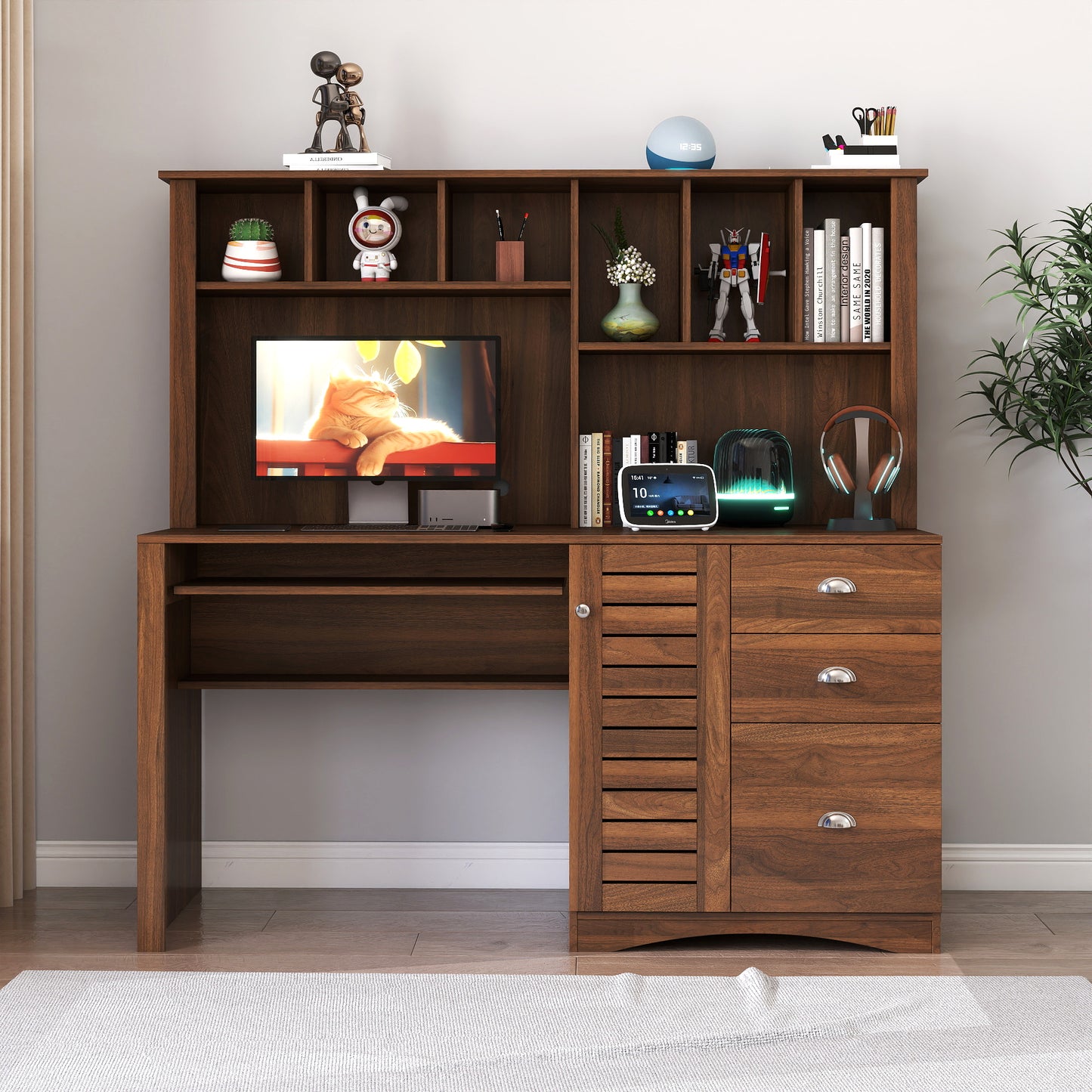 Home Office Computer Desk with Hutch, Antiqued White finish