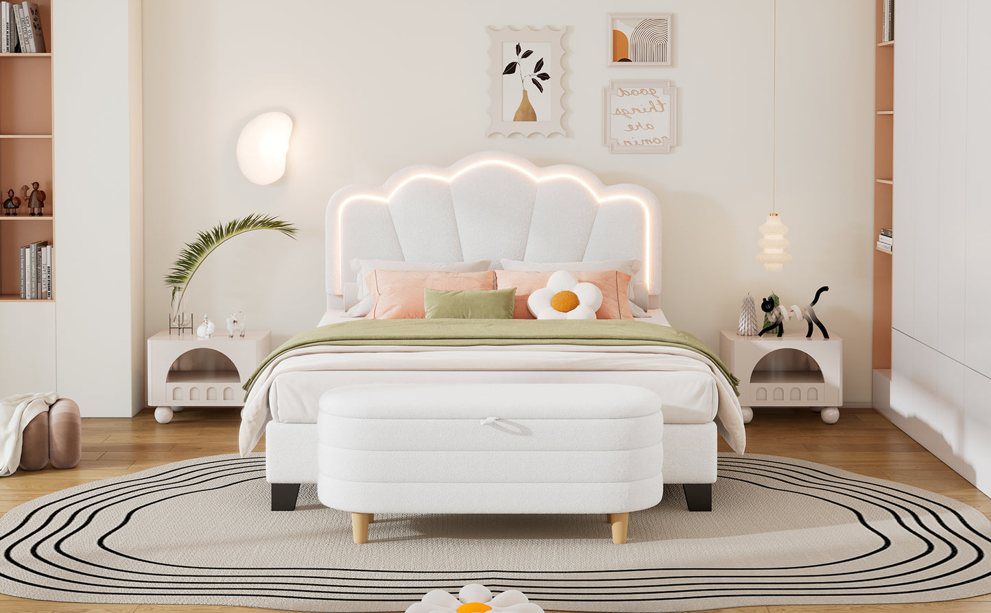 2-Pieces Bedroom Sets Full Size Flower-Shaped Upholstered LED Platform Bed with Storage Ottoman-Sherpa Fabric, White