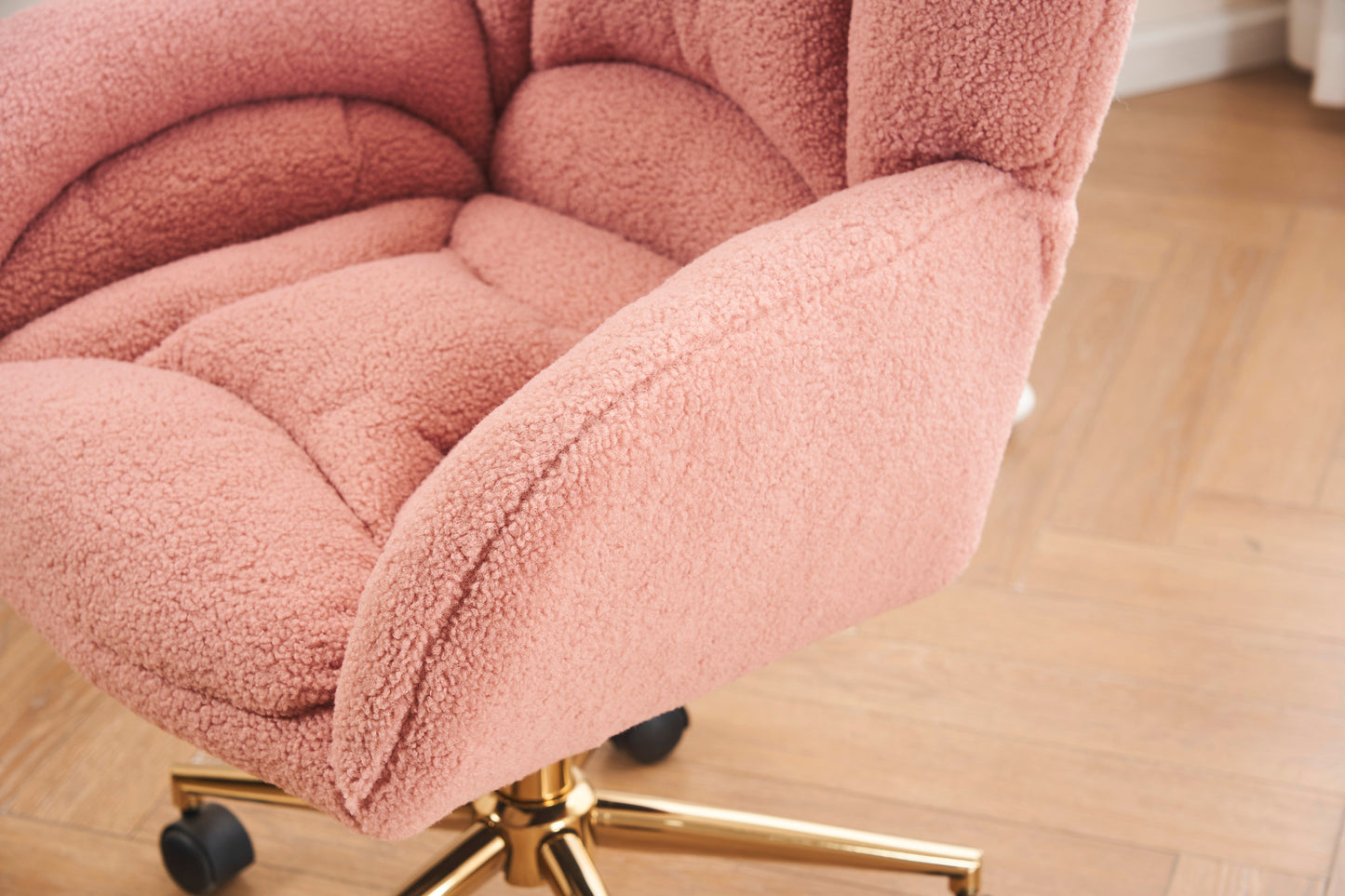 005-Teddy Fabric 360 Swivel Home Office Chair With Gold Metal Base And Universal Wheels,Pink