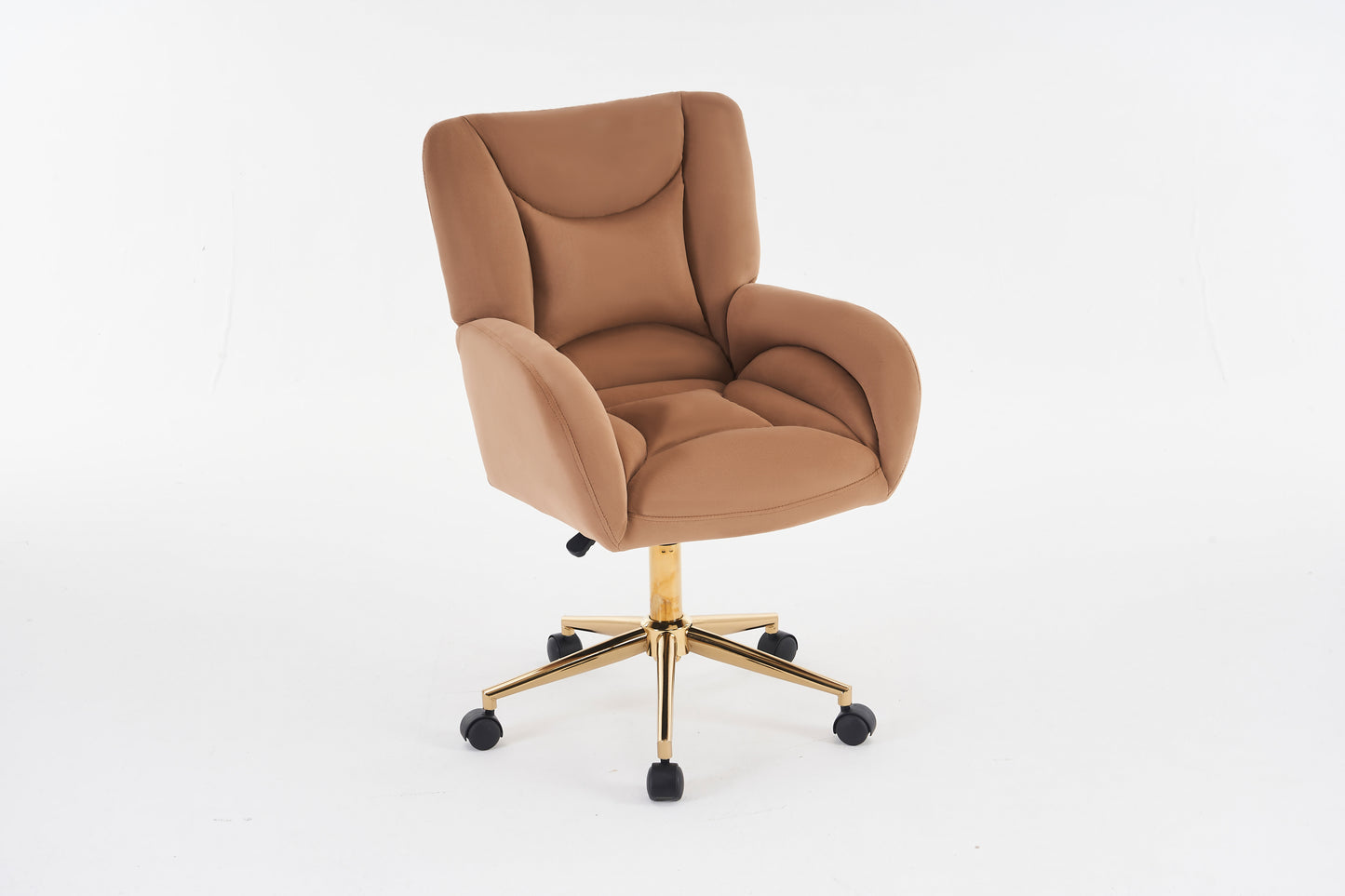 005-Velvet Fabric 360 Swivel Home Office Chair With Gold Metal Base And Universal Wheels,Coffee