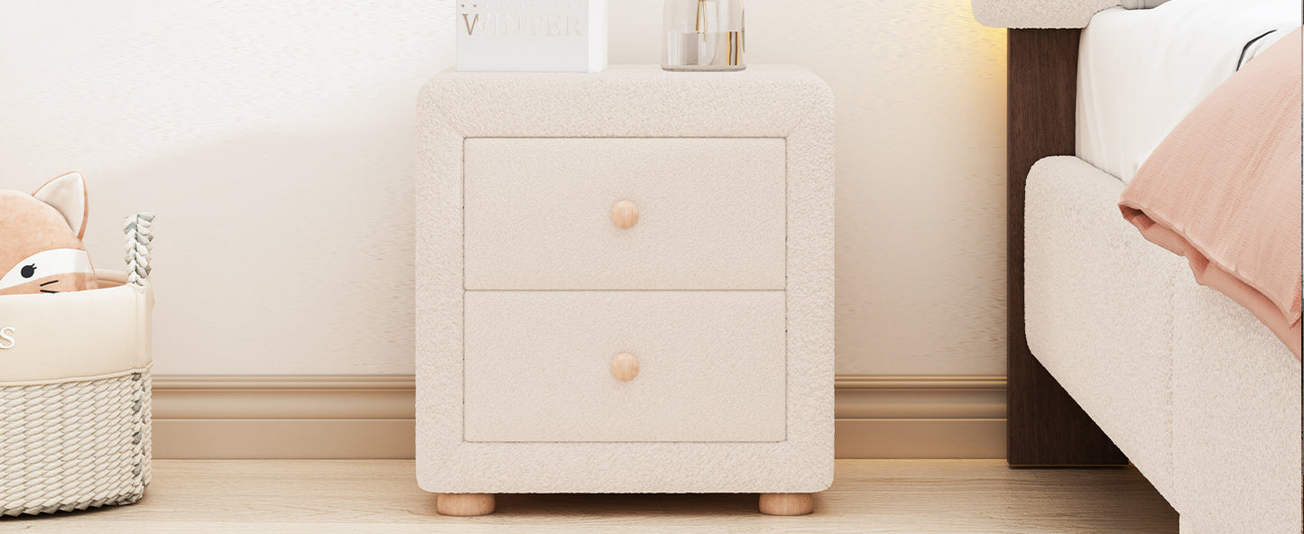 Teddy Fleece Nightstand with 2 Drawers, Beige