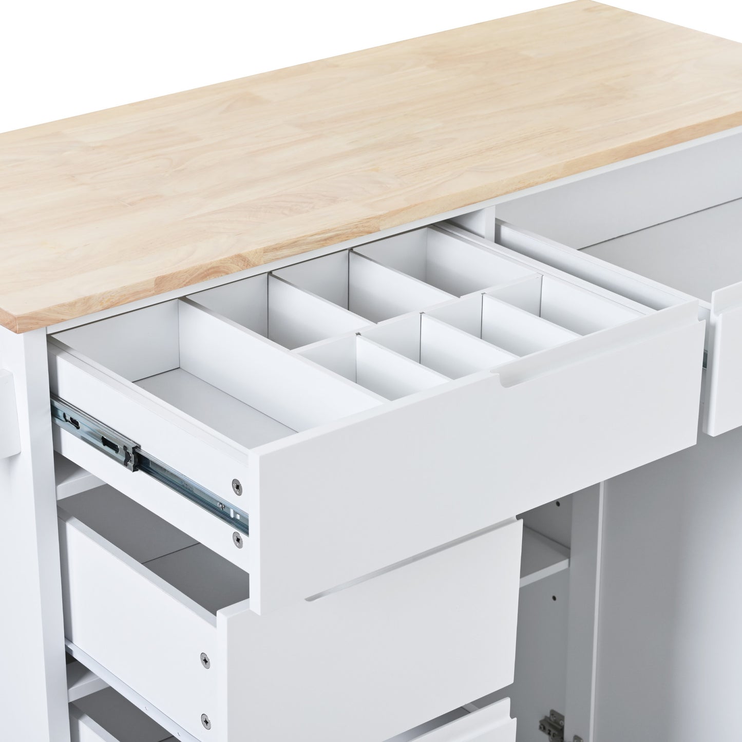 K&K Store Kitchen Cart with Rubber Wood Countertop , Kitchen Island has 8 Handle-Free Drawers Including a Flatware Organizer and 5 Wheels for Kitchen Dinning Room, White