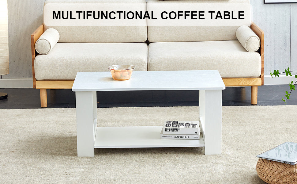 A modern and practical white coffee table. The double layered coffee table is made of MDF material,. Suitable for living room, bedroom, and study. CT-16