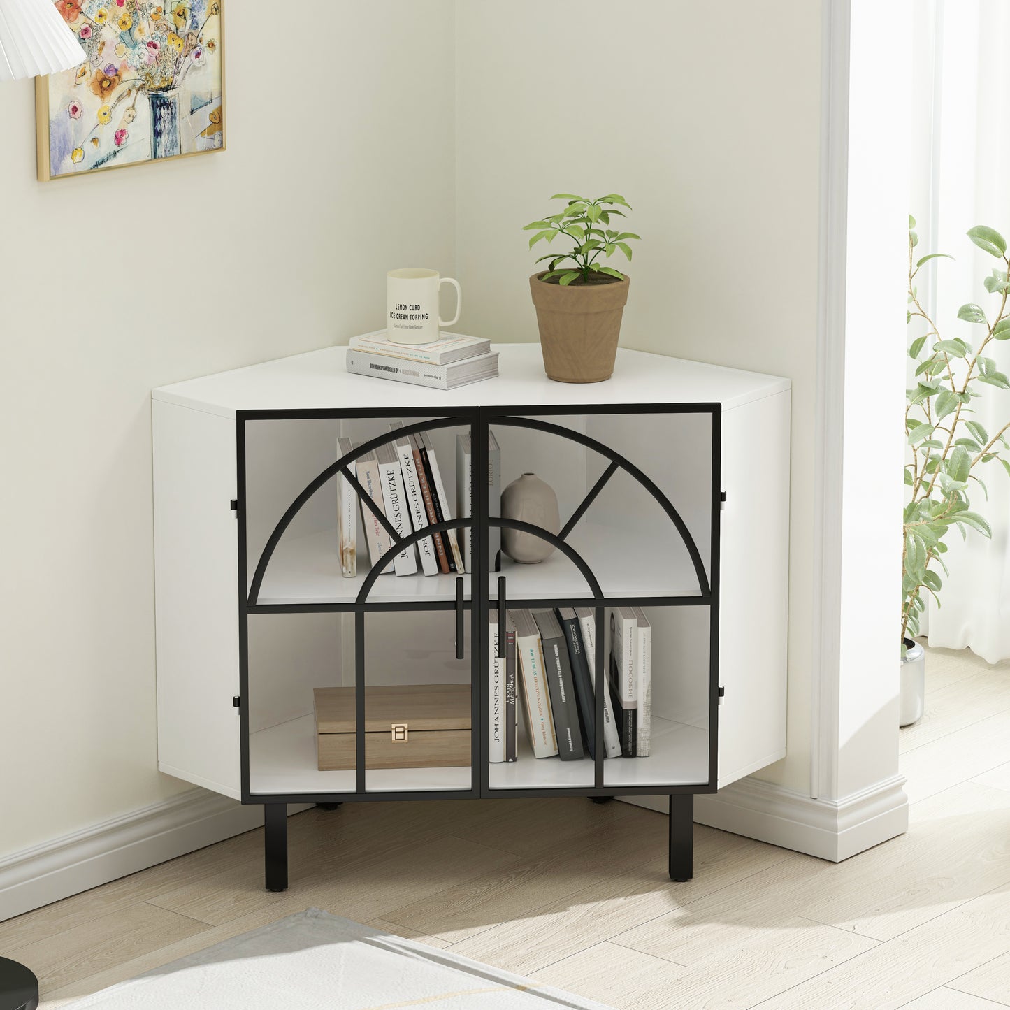 37.40"Glass Two-Door Hexagonal Corner Cabinet, for Corner of Living Room, Hallway, Study and Other Spaces, White