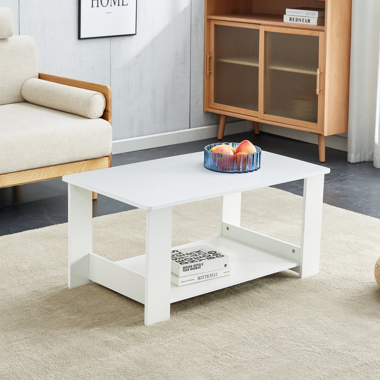 A modern and practical white coffee table. The double layered coffee table is made of MDF material,. Suitable for living room, bedroom, and study. CT-16