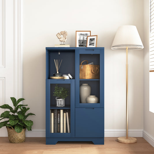 Wooden Floor Cabinet with 2 Glass Doors and 2 Storage Space,Blue Living Room Bathroom Entryway